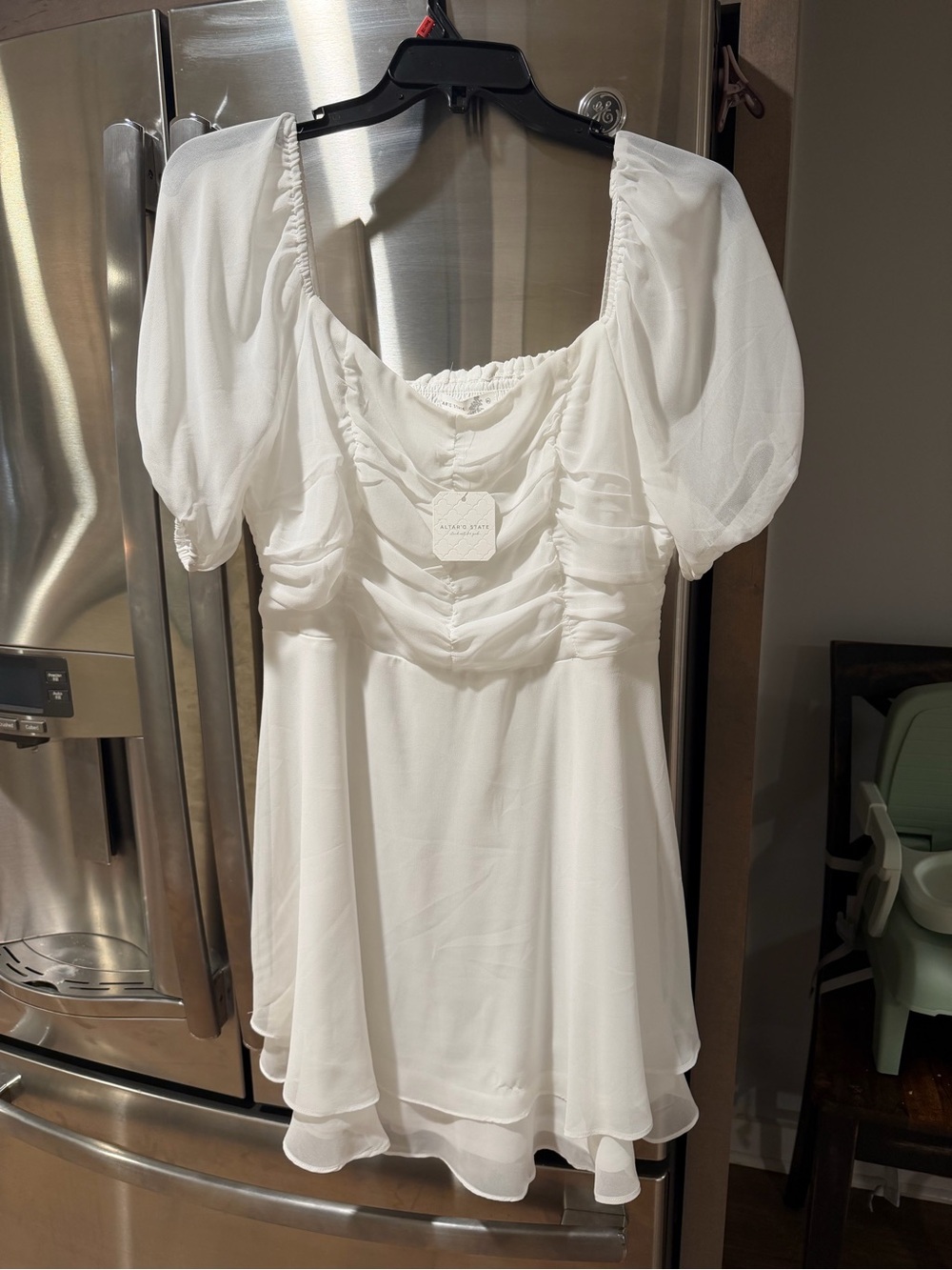 Altar'd State White Puff-Sleeve Chiffon Ruched Bodice Mini Dress